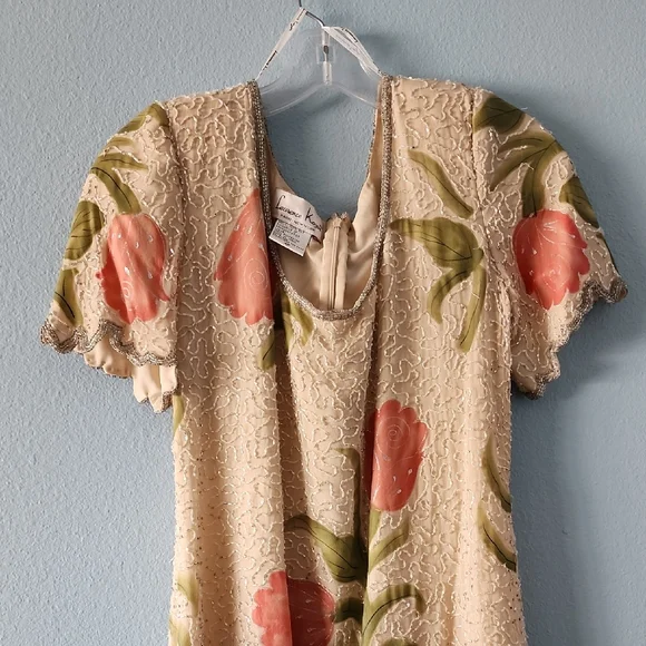 laurence kazar beaded dress Laurence Kazar Vintage 80s White & Gold Beaded Dress  Thrift Antiques